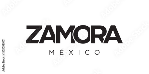 Zamora in the Mexico emblem. The design features a geometric style, vector illustration with bold typography in a modern font. The graphic slogan lettering.