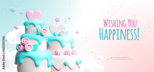 A 3D banner featuring a tiered cake in delicate pink and blue hues, with confit, icing.