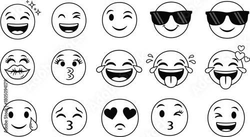 Collection of hand drawn expressive smiley face emojis with various emotions