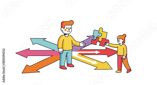 Two people connect puzzle pieces over diverging arrows symbolizing choices and collaboration in decision making