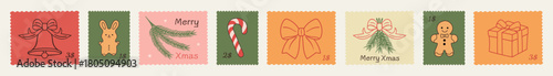 Doodle-style winter holiday postage stamps with hand-drawn Christmas and New Year motifs; vacation postmarks.Vector illustrations for posters, postcards, mail art, and festive scrapbooking designs.