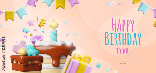 Happy Birthday 3D cartoon vector design, Birthday cake with burning candle and gift box, celebration chocolate dessert