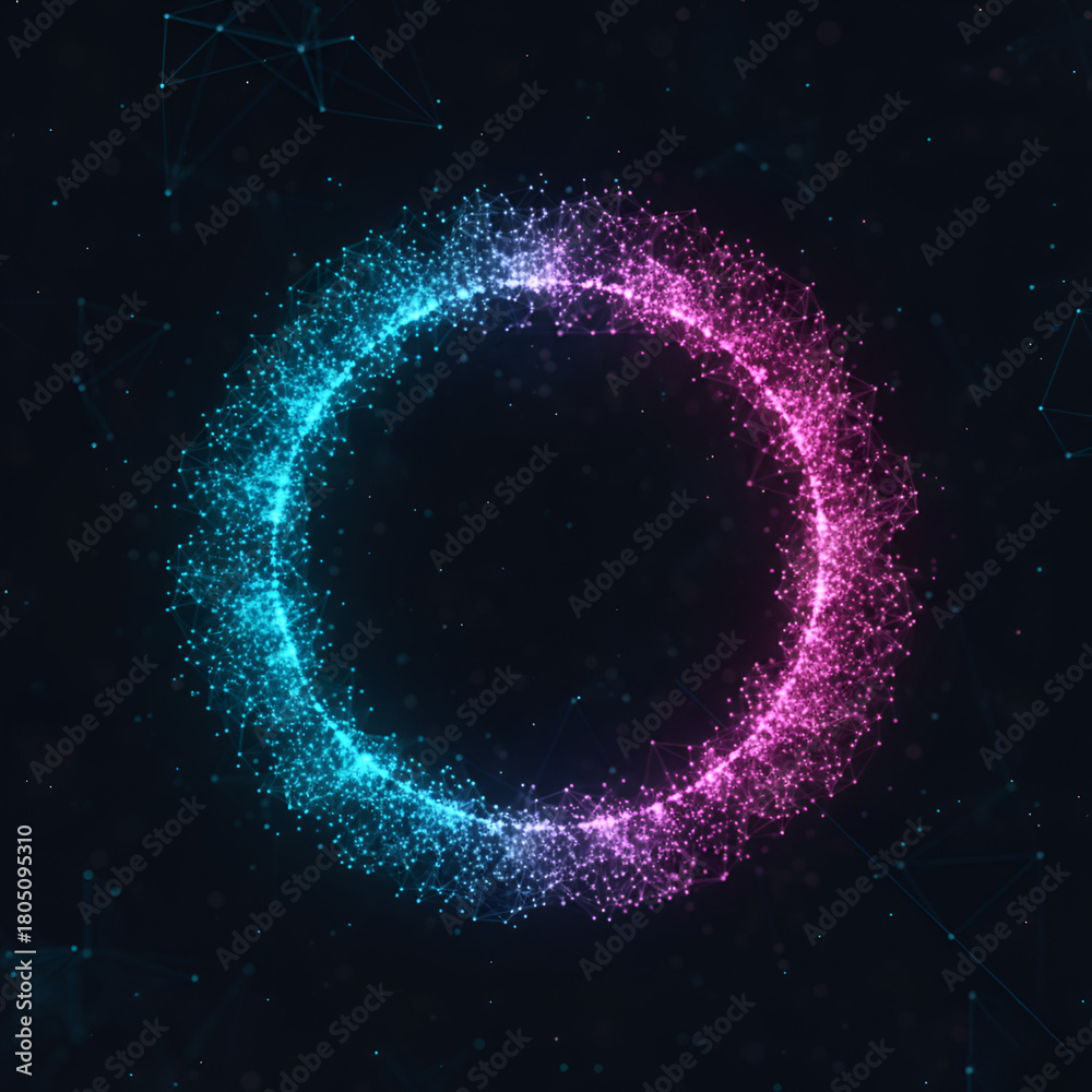Fototapeta premium Abstract glowing circle frame with particles blue and pink gradient modern technology background