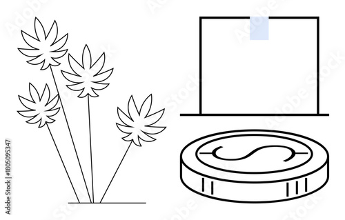 Cannabis leaves, coin, and ballot box illustrating cannabis legalization, economy, and voting process. Ideal for law, finance, trade, healthcare business societal trends simple flat metaphor
