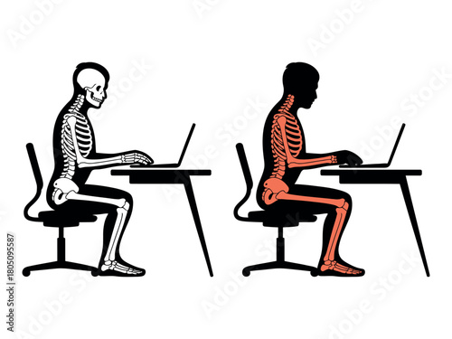 Illustration showing correct and incorrect posture using a laptop desk