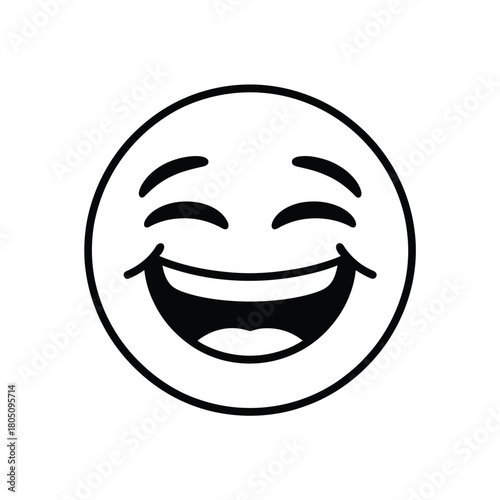 A simple black and white illustration of a laughing emoji face.
