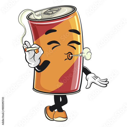 cute soda can mascot smoke calmly, cartoon drink character vector illustration, work of hand drawn