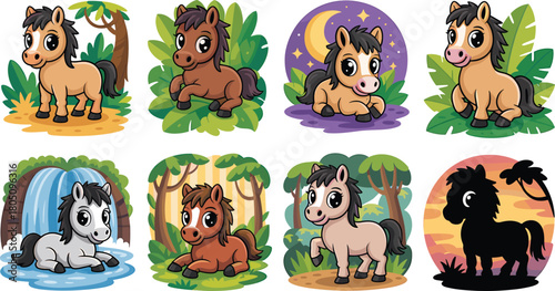 Assortment of Cute Cartoon Horses and Ponies in Natural Environments Keywords: horse, pony, cartoon, cute, animal, wildlife, illustration, character, mammal, equine, farm animal, domestic animal