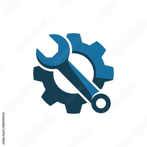 A wrench rests on a blue gear, symbolizing mechanical repair and industry.