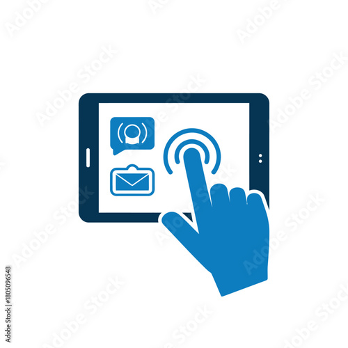 A hand taps on a tablet screen with communication icons.