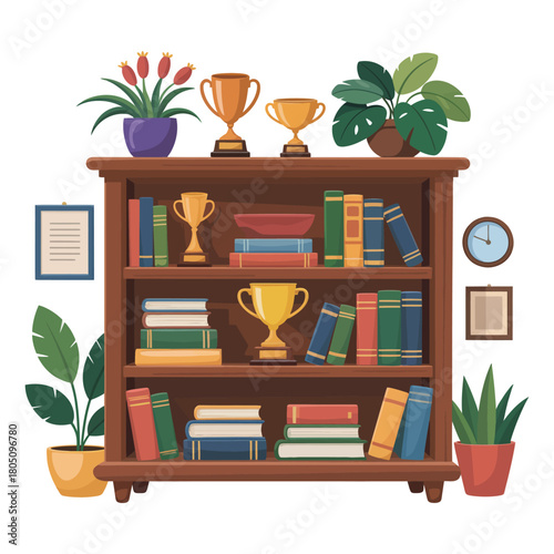 A wooden bookshelf is filled with books, trophies, plants, and decorative items.