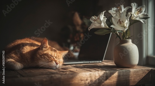 Ginger cat sleeping beside flowers