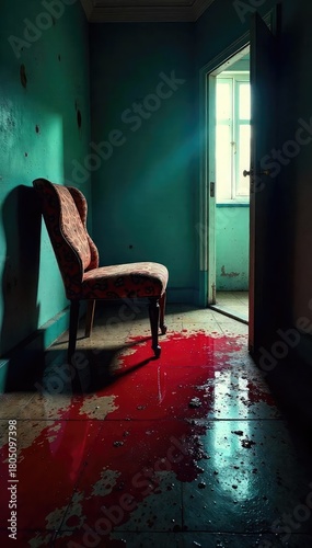 A dimly lit room, blood splatter on the floor near an overturned chair, suggesting a violent struggle and a hasty exit , shadows, homicide