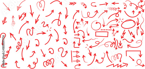 Collection of red hand-drawn arrow shapes and symbols