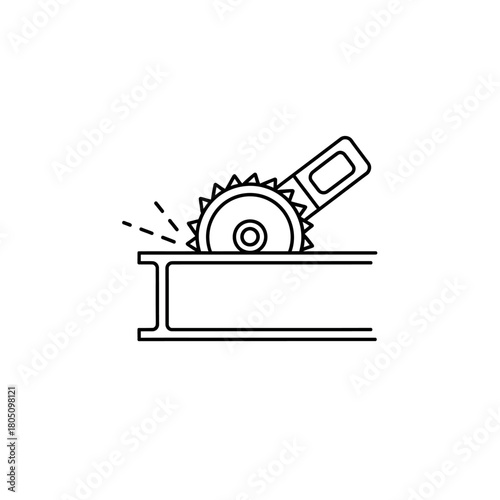 Circular saw cutting metal I-beam, industrial line art icon with sparks.