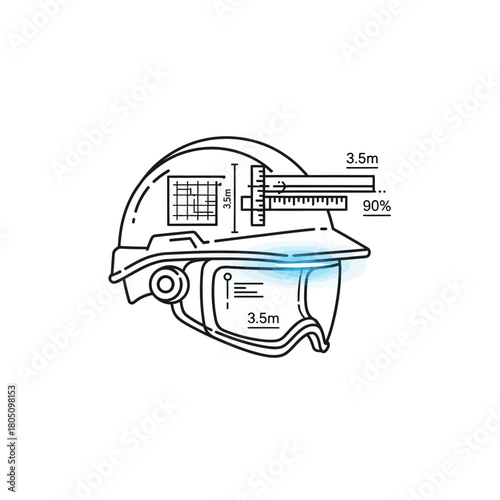 Detailed Illustration of a Safety Hard Hat with Integrated Measurement Tools.