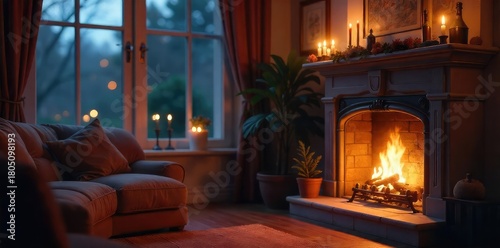 A cozy living room scene at dusk, featuring a fireplace, soft lighting, and a calendar prominently displayed on a mantelpiece, highlighting the evening's date , reminder, rug, night