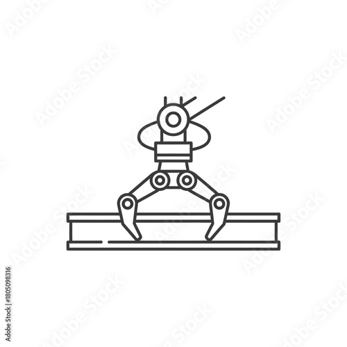 Industrial robotic claw gripping metal beam, black line art icon.