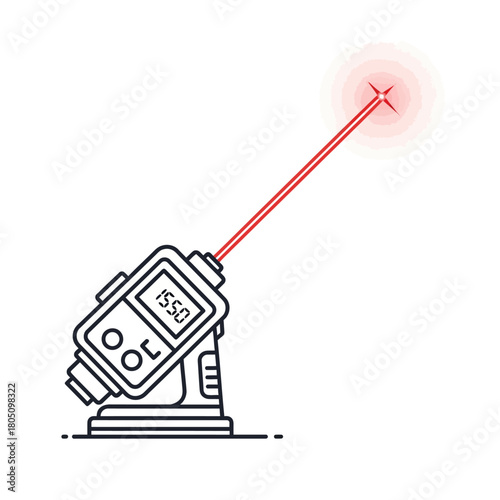 Line art laser measuring device emitting a vibrant red beam with digital display.