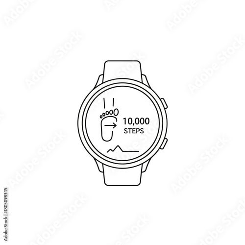 Line art smartwatch displaying 10,000 steps and footprint icon, health tracking device illustration.