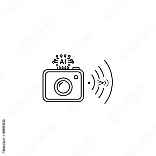 Minimalist Black and White AI Camera Icon with Signal Emission Design.