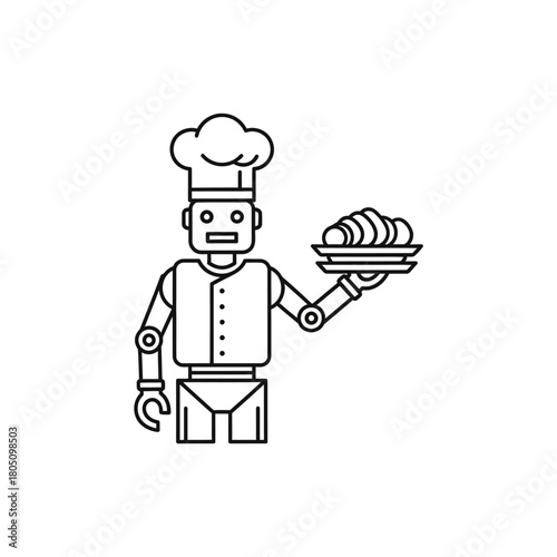 Minimalist line art robot chef in toque, serving food on a platter, futuristic culinary assistant.