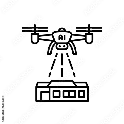 Minimalist line art icon of an AI quadcopter drone hovering over a building for package delivery.