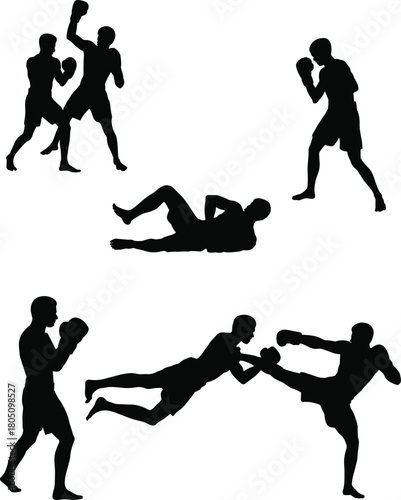 Silhouette of martial arts fighters in combat poses, boxing action sequence, dynamic movement scene, training fight, flat vector illustration