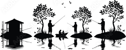 Silhouette fishing scene with boat, gazebo, trees, birds, peaceful lake environment, outdoor leisure activity, nature reflection, flat vector illustration