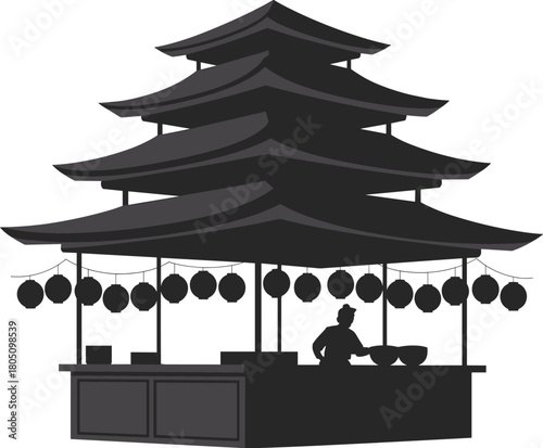 Silhouette of Asian pagoda with food stall, lanterns, traditional street vendor scene, cultural architecture moment, flat vector illustration
