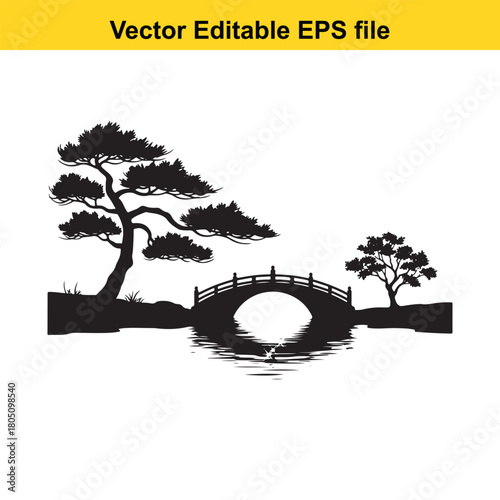 Serene japanese garden scene with a traditional arched bridge over water and silhouetted bonsai trees