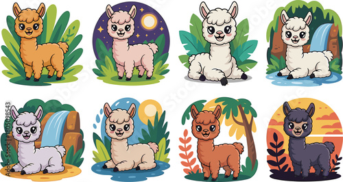 Collection of Adorable Cartoon Llamas in Various Natural Scenes Keywords: llama, alpaca, cartoon, cute, animal, wildlife, illustration, character, mammal, farm animal, domestic animal, nature