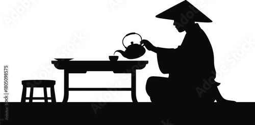 Silhouette of traditional tea ceremony with conical hat, kneeling figure, cultural ritual scene, peaceful moment, flat vector illustration