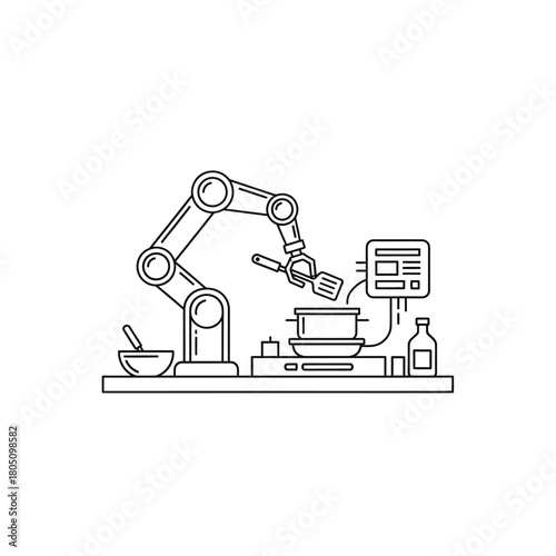 Robotic Arm Cooking with Utensils and Ingredients on a Countertop.