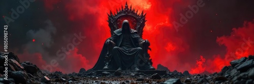 A furious, red-tinged crown sits atop a shattered throne, surrounded by scattered debris and ominous shadows, symbolizing the destructive nature of unchecked rage , scary, rebellion