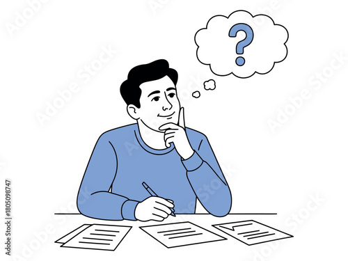 Man sitting at desk thinking with question mark in thought bubble above