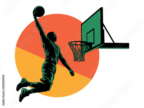 A basketball player is dunking the ball into the basketball hoop art