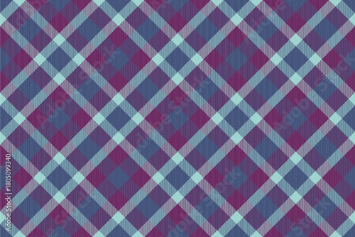 Drapery textile plaid tartan, herringbone background fabric seamless. Loft texture vector check pattern in blue and magenta colors.