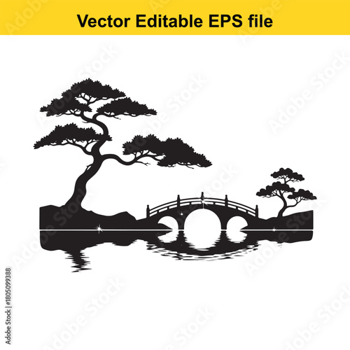 Tranquil japanese garden scene featuring a silhouetted arched bridge over water with bonsai trees
