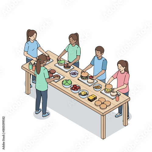Isometric Flat Illustration People Assembling Burger at a Long Table Gathering