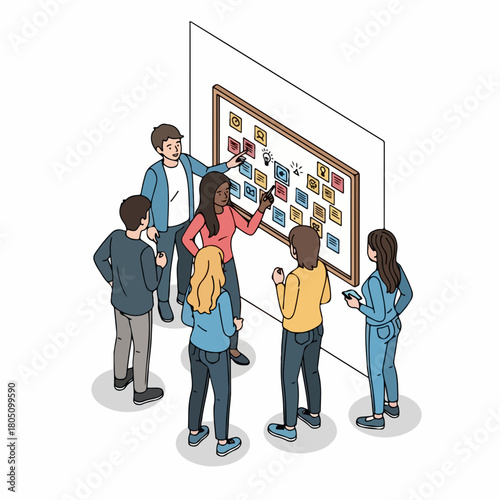 Isometric Detailed People Team Brainstorming Meeting Around Kanban Board Illustration