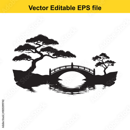 Silhouette of a traditional japanese bridge with bonsai trees and reflections in water, isolated on