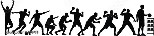 Set of black vector silhouettes featuring athletes in football, basketball, boxing, and training poses, isolated on a white background.