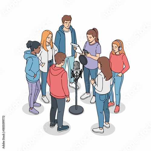 Handdrawn Isometric Diverse Group of People Recording Podcast in Studio