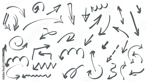 Arrow doodles graphic elements set. Collection of black thin hand drawn scribbles with curved, swirl, rotation, curl and other shapes marks, different directions scratch pointers. Vector illustration.
