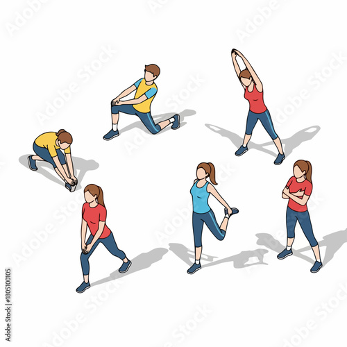 Isometric Pixel Art Group of People Stretching Exercise Fitness Sport