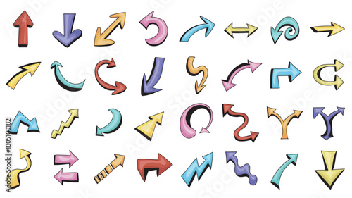 Comic style arrow graphic elements set. Collection of bright colorful moving symbols with down, up, swirl, curl and other shapes cursor marks, different directions pointers. Vector illustration.