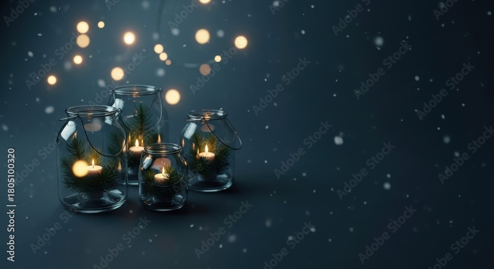 Naklejka premium Festive Christmas Mason Jar Candle Lights with falling snow background