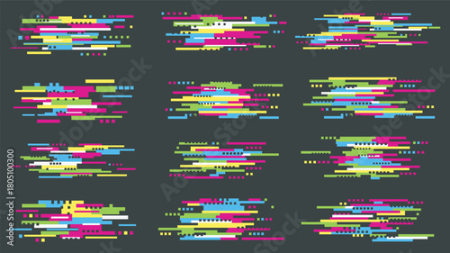 Glitches video textures graphic elements set. Collection of abstract bright colours screen artifacts and noise, digital distorted pattern of bad broken signal, error code effect. Vector illustration.