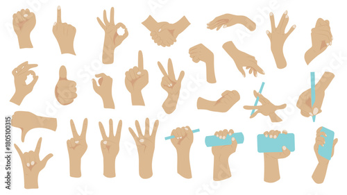 Hand gestures graphic elements set. Collection of fist, pointing finger, ok, handshake, palm, holding pencil or phone, write, dislike, rock sign, different gestures expression. Vector illustration.